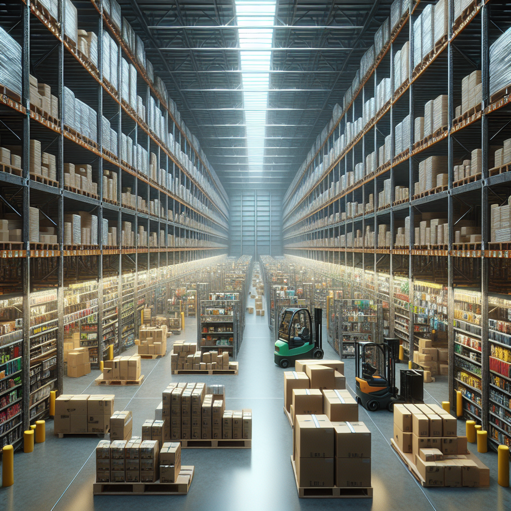 A bustling Amazon fulfillment center with rows of shelves stacked with diverse products ready for shipment, illustrating the vastness and efficiency of Amazon's logistics network.