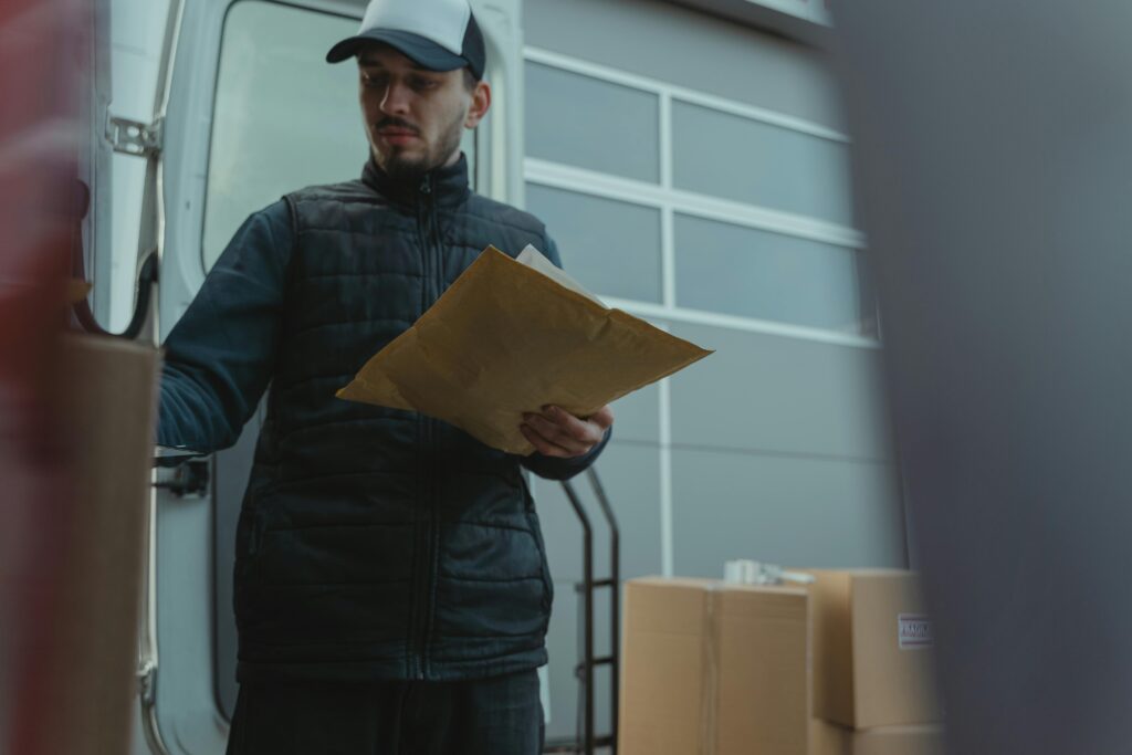 Postman delivering amazon parcels